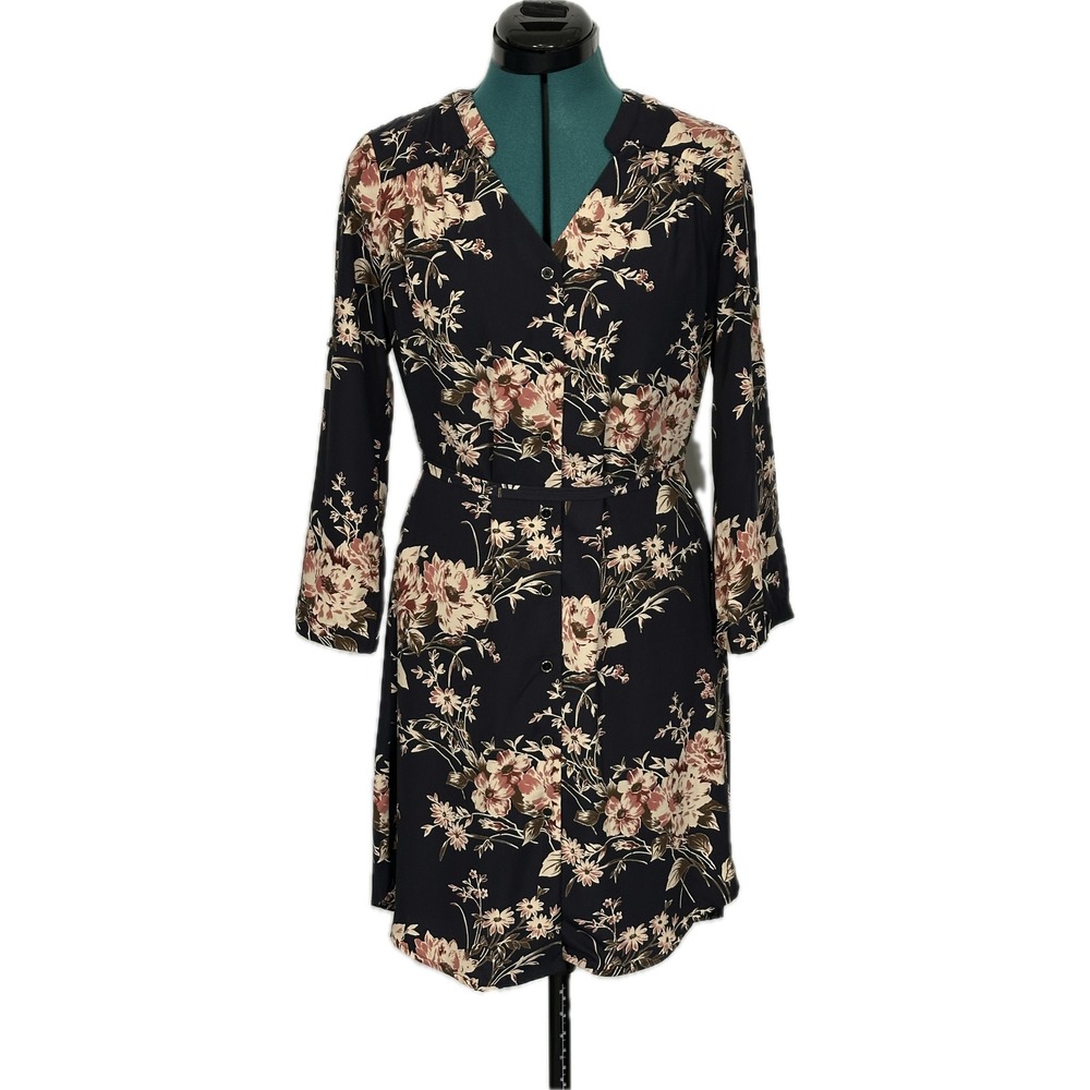 41 Hawthorn Roll Tab Shirt Dress Floral Button Front Medium Black Workwear
